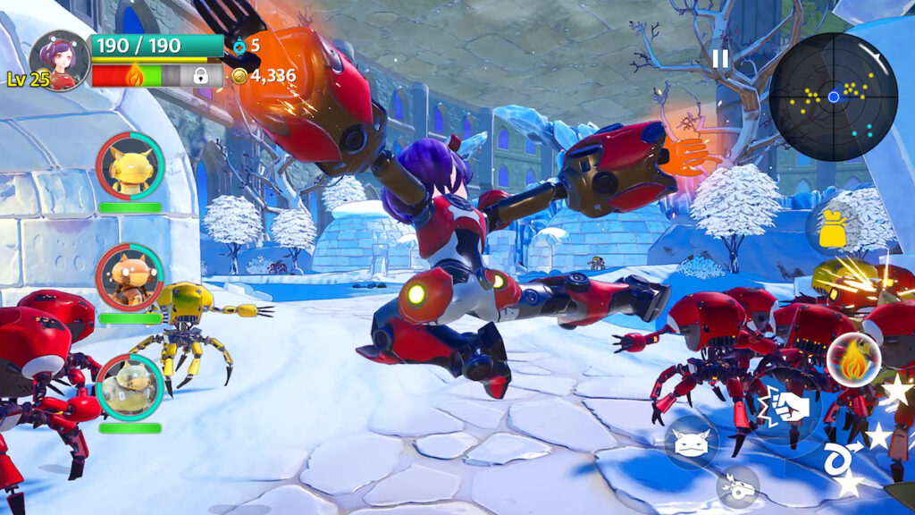 An in-game screenshot from the mobile game ‘Steel Paws’, featuring a game character battling monsters in an icy and snowy environment.
