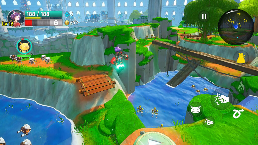 An in-game screenshot from the mobile game ‘Steel Paws’, featuring a game character leaping over a bridge in a vibrantly colored village.